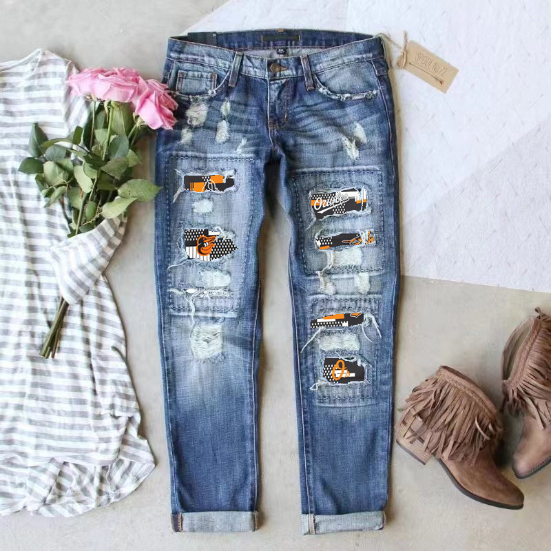 Casual Fashion Perforated Printed Jeans - Baseswear