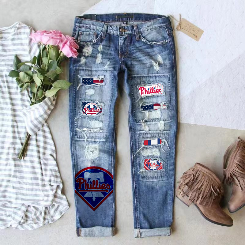 STRETCH RIPPED FRAYED RAW HEM DISTRESSED DENIM JEANS WITH HOLE - Baseswear