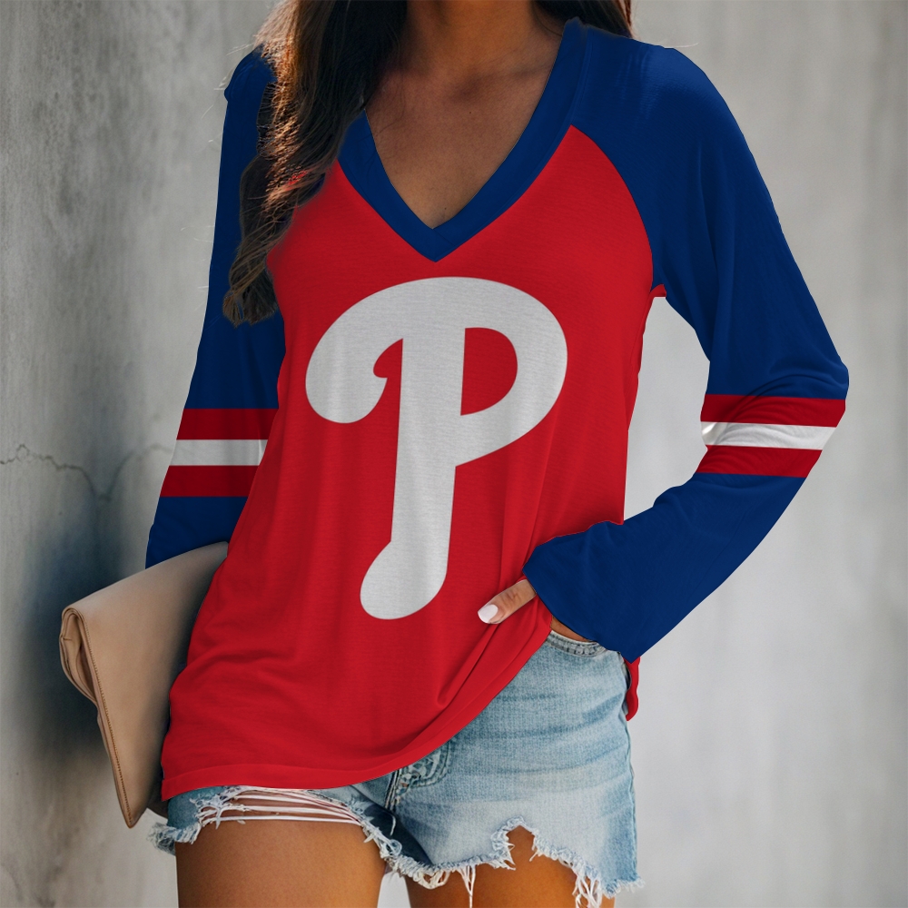 Women's V-neck Double-layered Long-sleeved Loose T-shirt - Baseswear