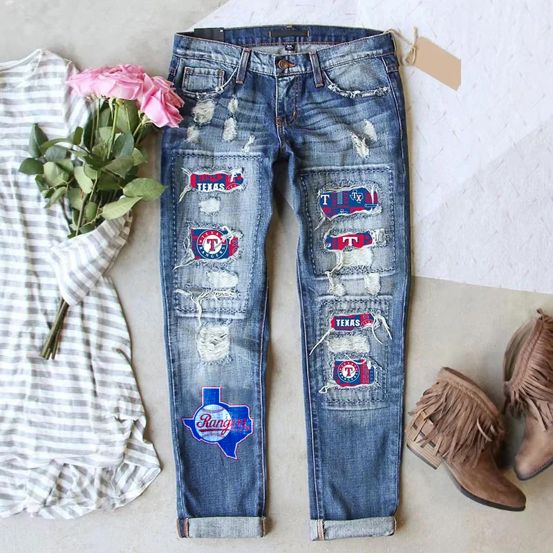 STRETCH RIPPED FRAYED RAW HEM DISTRESSED DENIM JEANS WITH HOLE - Baseswear
