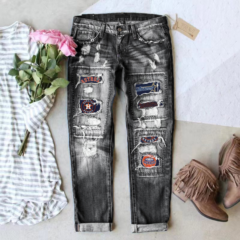 STRETCH RIPPED FRAYED RAW HEM DISTRESSED DENIM JEANS WITH HOLE - Baseswear