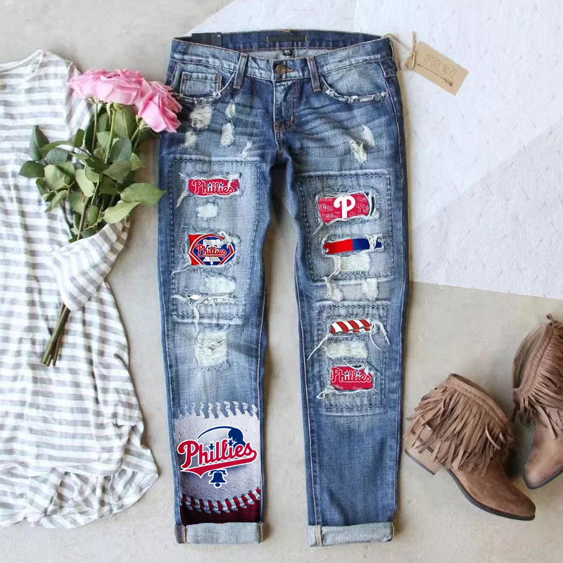 STRETCH RIPPED FRAYED RAW HEM DISTRESSED DENIM JEANS WITH HOLE - Baseswear