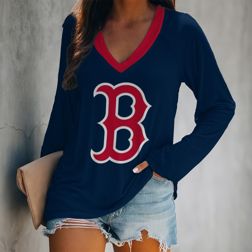 Women's V-neck Double-layered Long-sleeved Loose T-shirt - Baseswear