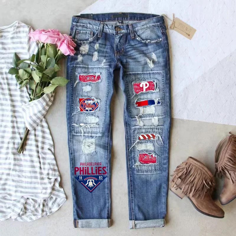 STRETCH RIPPED FRAYED RAW HEM DISTRESSED DENIM JEANS WITH HOLE - Baseswear