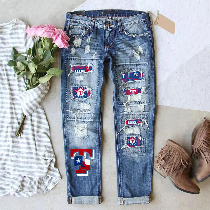 STRETCH RIPPED FRAYED RAW HEM DISTRESSED DENIM JEANS WITH HOLE - Baseswear