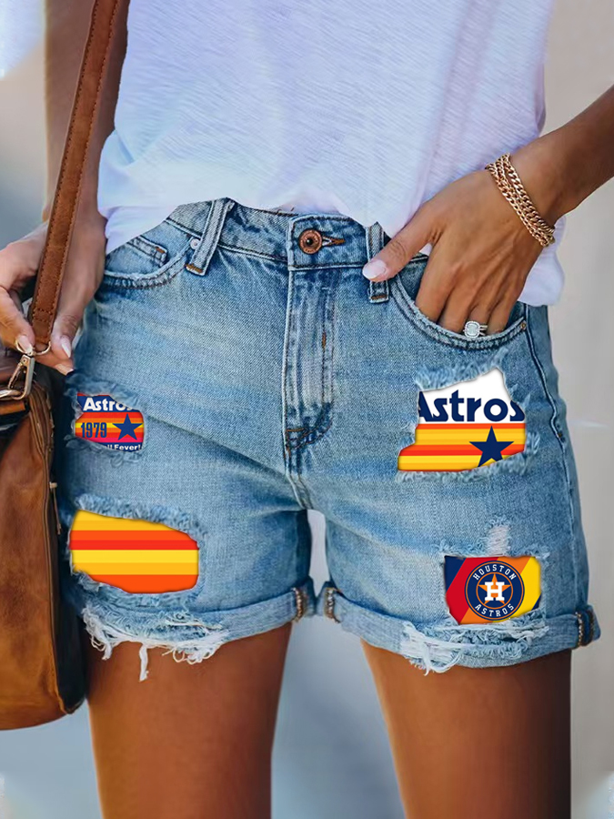 Astros Distressed Cutoff Denim Shorts - Women - Baseswear