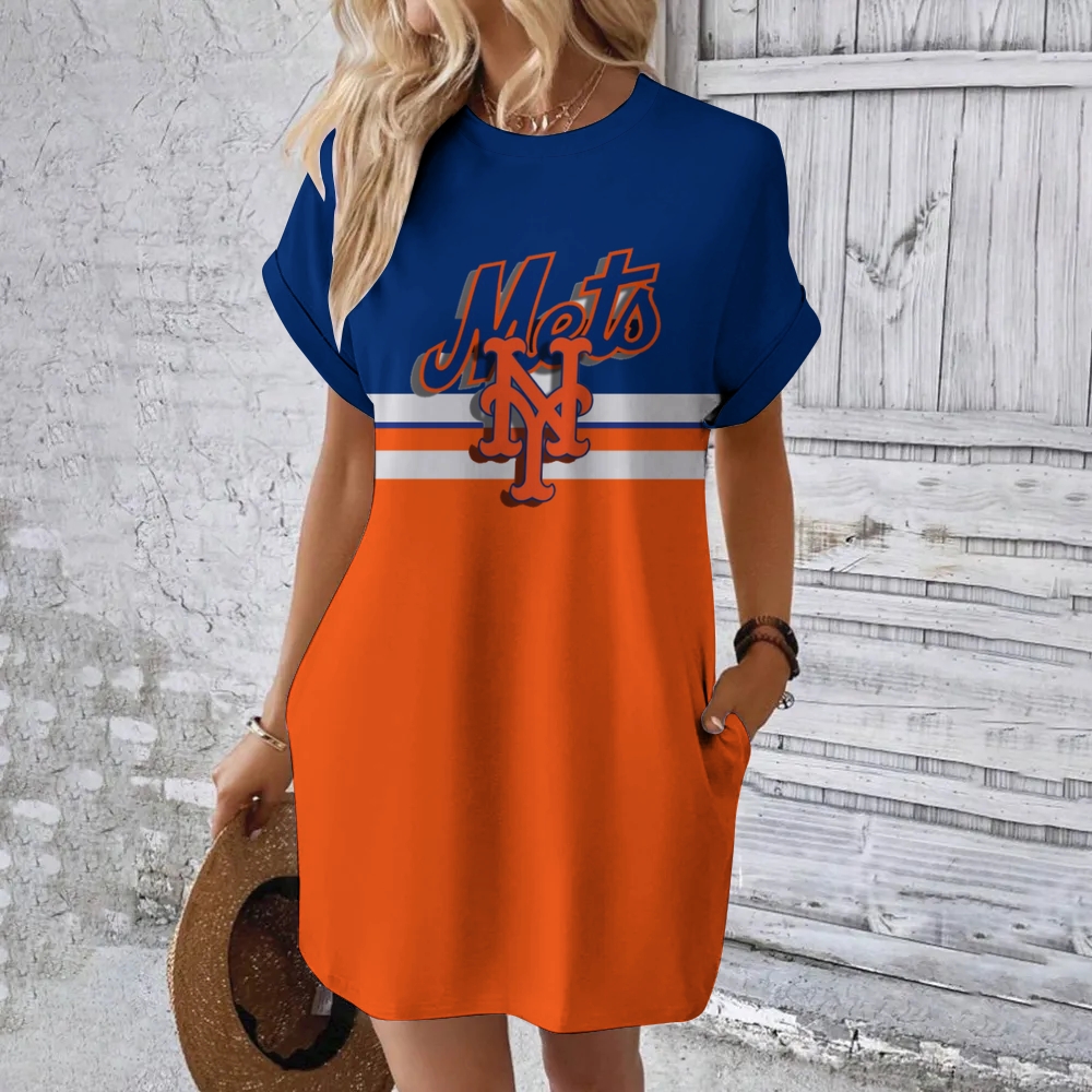 New York Mets Hidden Pocket Short Sleeve Tee Dress - Baseswear