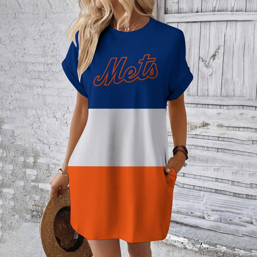 New York Mets Hidden Pocket Short Sleeve Tee Dress - Baseswear