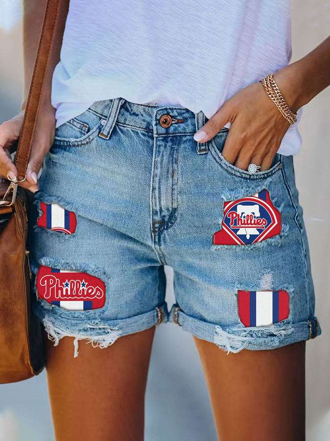 Phillies Distressed Cutoff Denim Shorts - Women - Baseswear