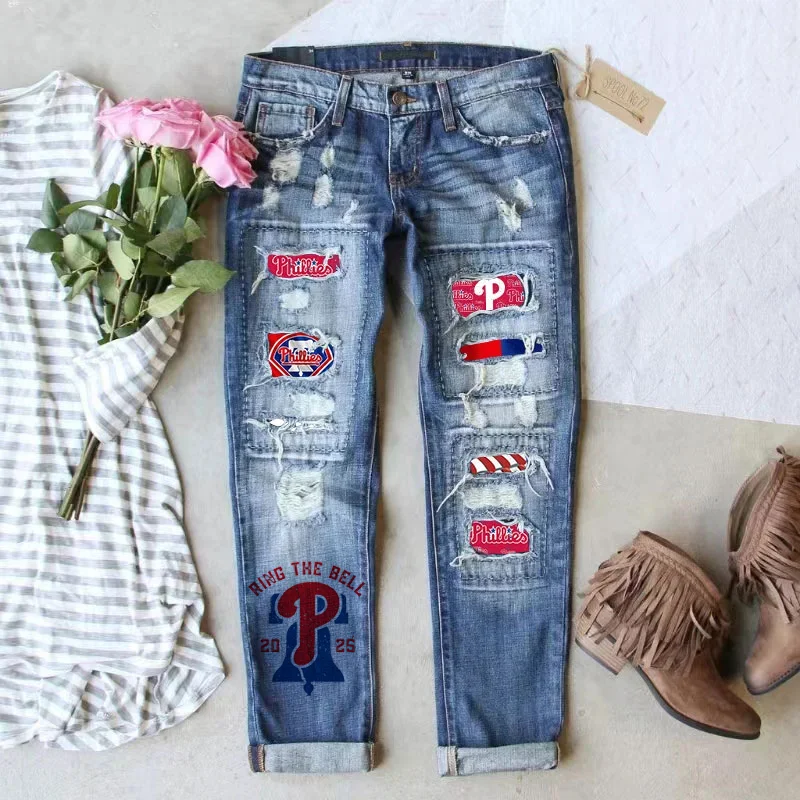STRETCH RIPPED FRAYED RAW HEM DISTRESSED DENIM JEANS WITH HOLE - Baseswear