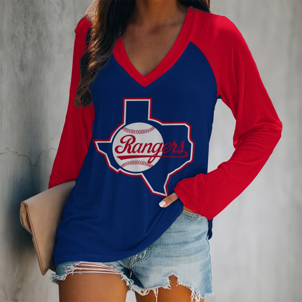 Women's V-neck Double-layered Long-sleeved Loose T-shirt - Baseswear