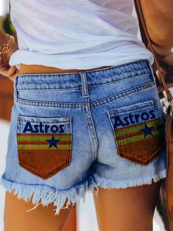 Astros Distressed Cutoff Denim Shorts - Women - Baseswear