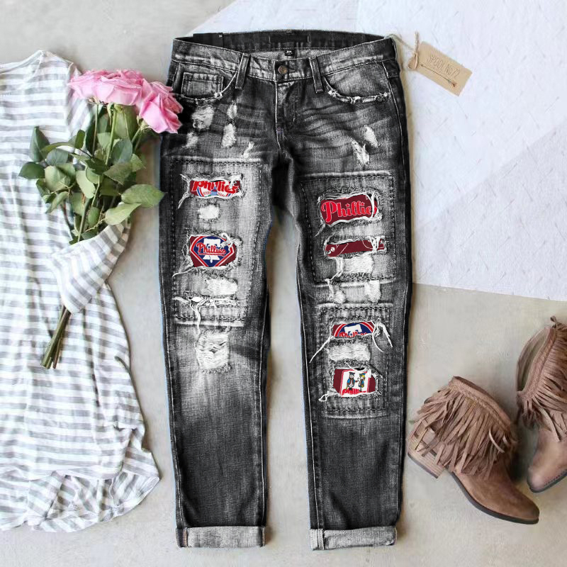 STRETCH RIPPED FRAYED RAW HEM DISTRESSED DENIM JEANS WITH HOLE - Baseswear