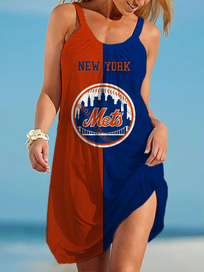New York Mets Round neck sleeveless printed dress - Baseswear