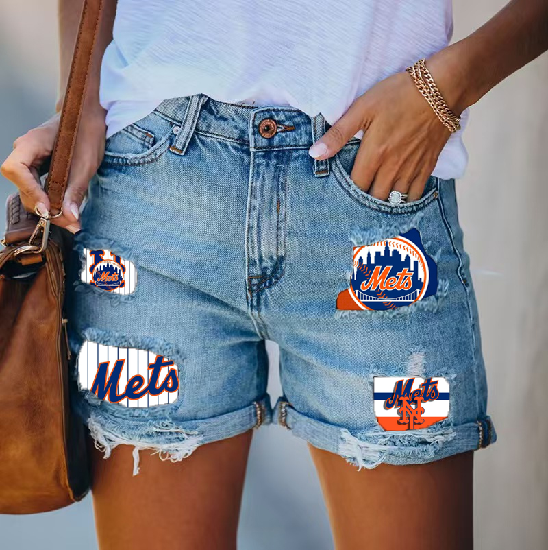 New York Mets Distressed Cutoff Denim Shorts - Women - Baseswear
