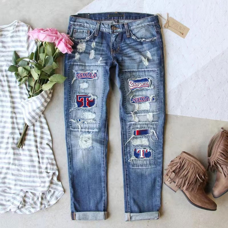 Casual Fashion Perforated Printed Jeans - Baseswear