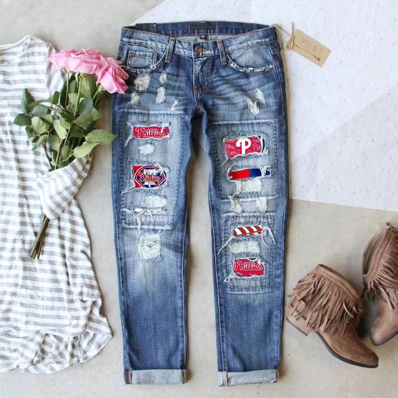 STRETCH RIPPED FRAYED RAW HEM DISTRESSED DENIM JEANS WITH HOLE - Baseswear