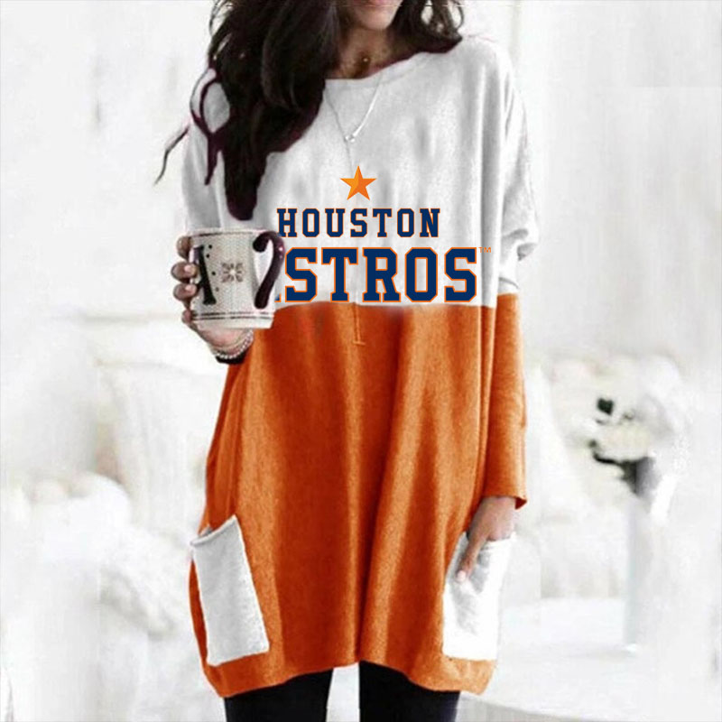 simple casual color blocking loose pocket Long Sleeve Dress - Baseswear