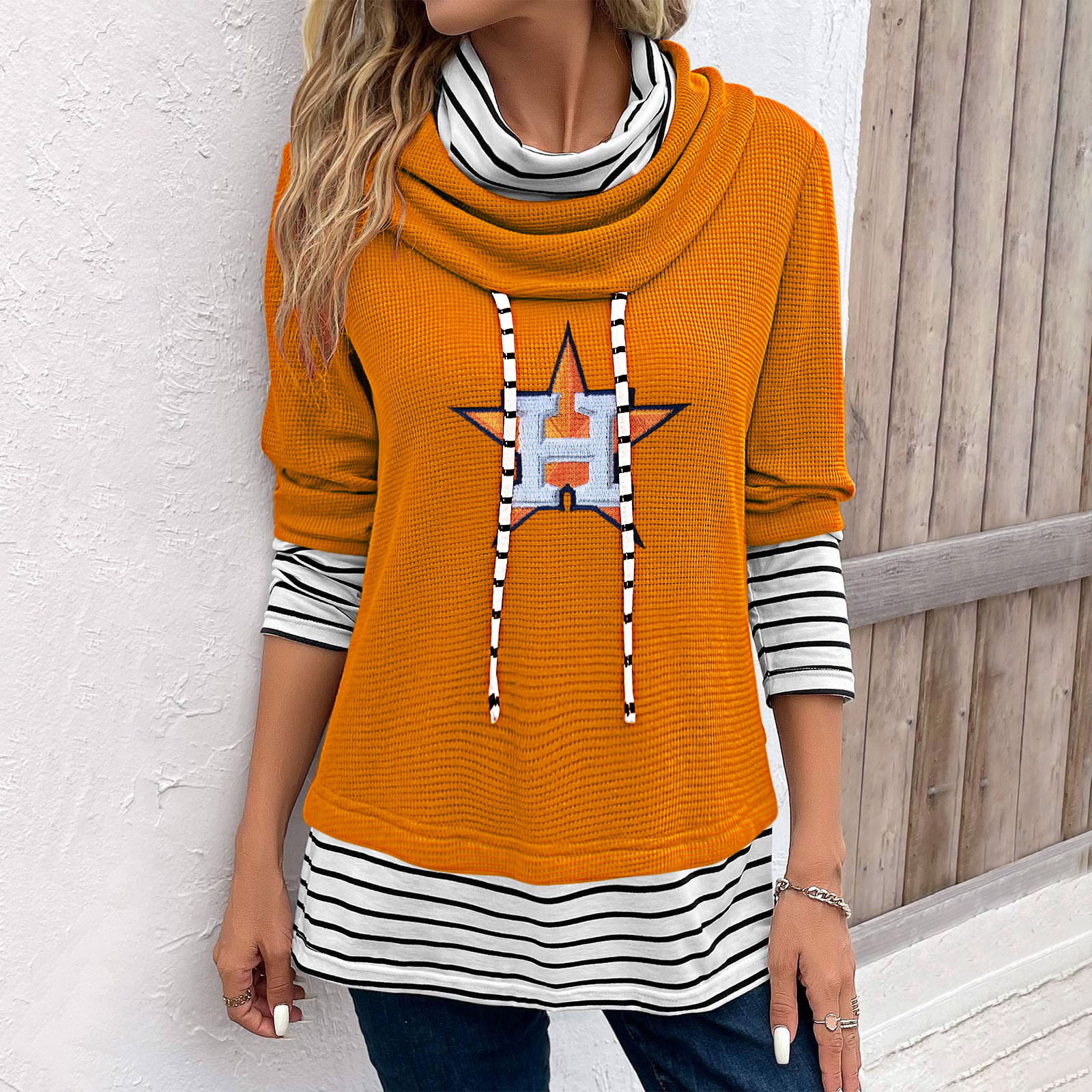 Patchwork Striped Cowl Neck Long Sleeve Sweatshirt - Baseswear