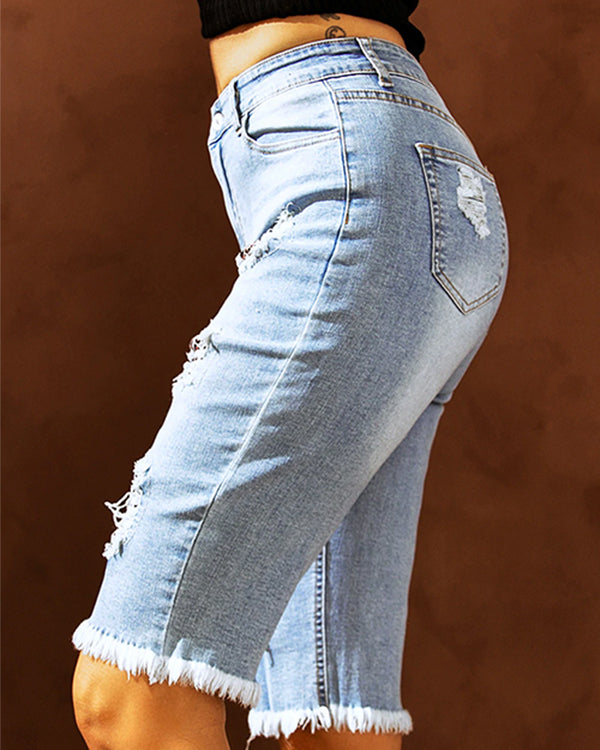 MID-RISE RIPPED PATCHES DENIM BERMUDA SHORTS - Baseswear