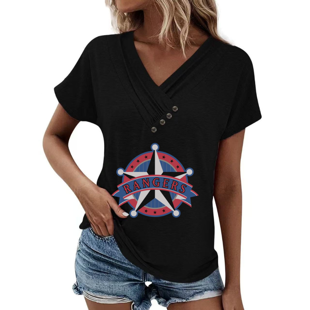 Simple V-Neck Short Sleeve T-Shirt-Texas Rangers - Baseswear