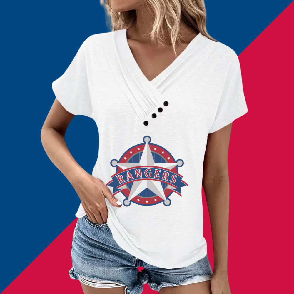 Simple V-Neck Short Sleeve T-Shirt-Texas Rangers - Baseswear