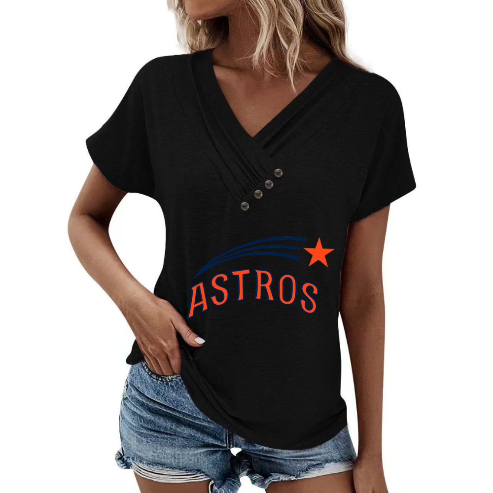 Simple V-Neck Short Sleeve T-Shirt-Houston Astros - Baseswear