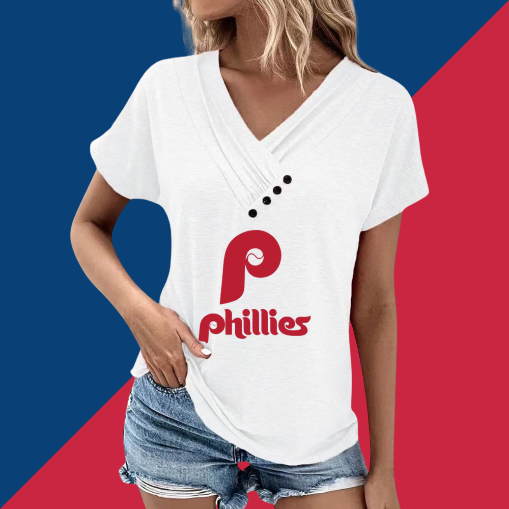 Simple V-Neck Short Sleeve T-Shirt-Philadelphia Phillies - Baseswear