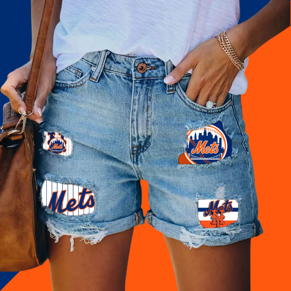 New York Mets Distressed Cutoff Denim Shorts - Women - Baseswear