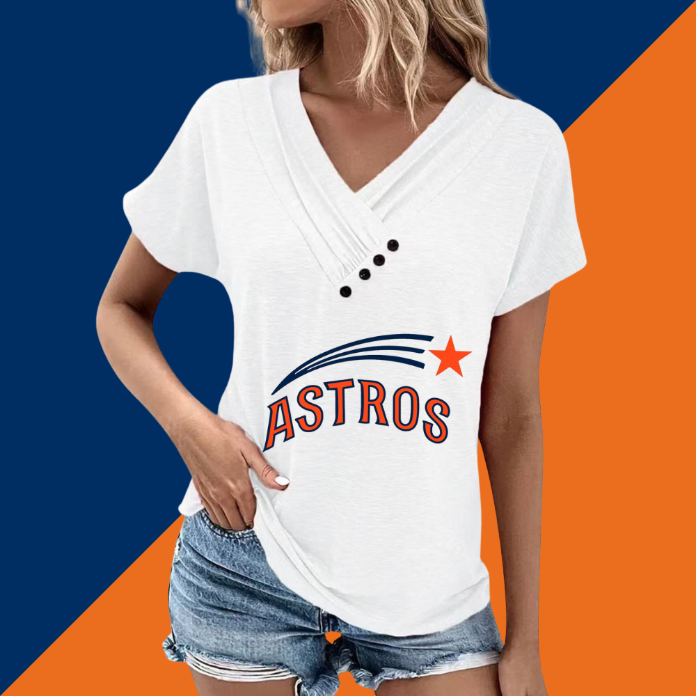 Simple V-Neck Short Sleeve T-Shirt-Houston Astros - Baseswear