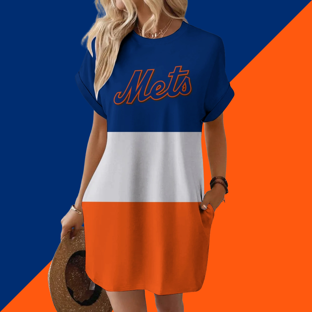 New York Mets Hidden Pocket Short Sleeve Tee Dress - Baseswear