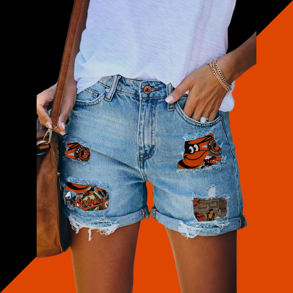 Orioles Distressed Cutoff Denim Shorts - Women - Baseswear