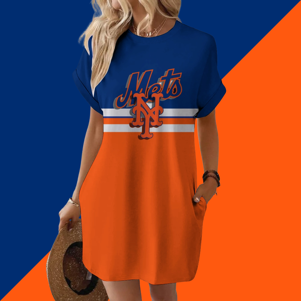 New York Mets Hidden Pocket Short Sleeve Tee Dress - Baseswear