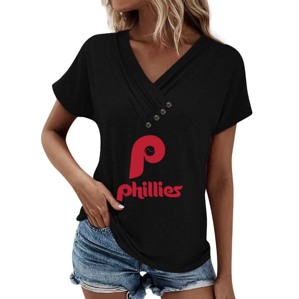 Simple V-Neck Short Sleeve T-Shirt-Philadelphia Phillies - Baseswear
