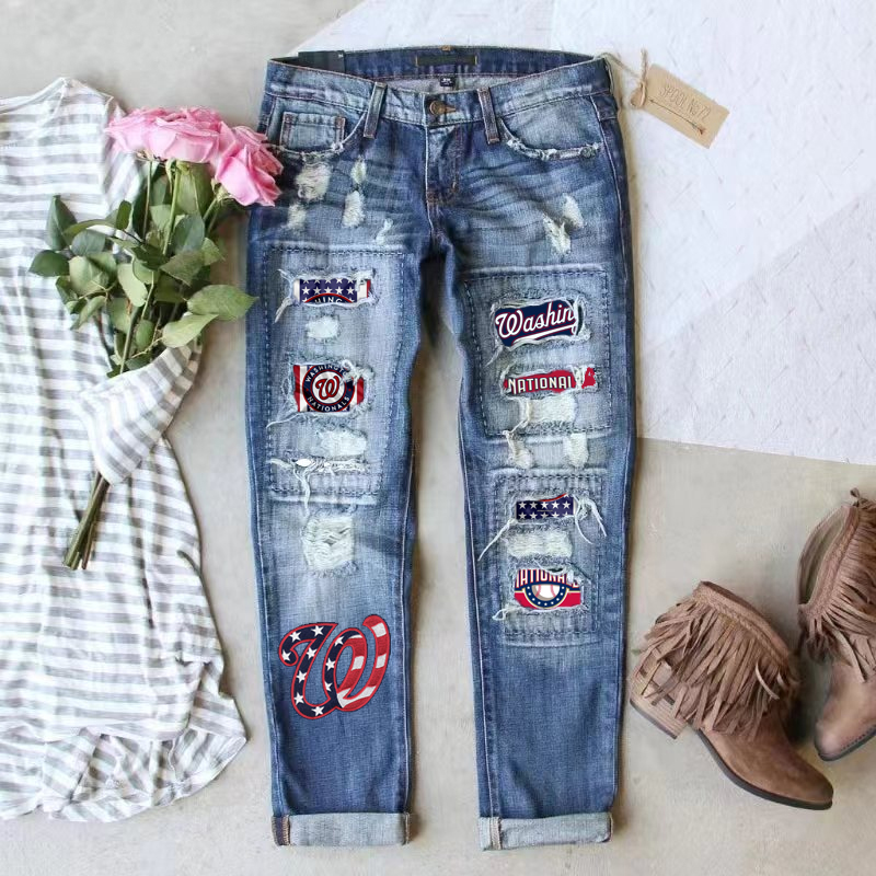 STRETCH RIPPED FRAYED RAW HEM DISTRESSED DENIM JEANS WITH HOLE - Baseswear