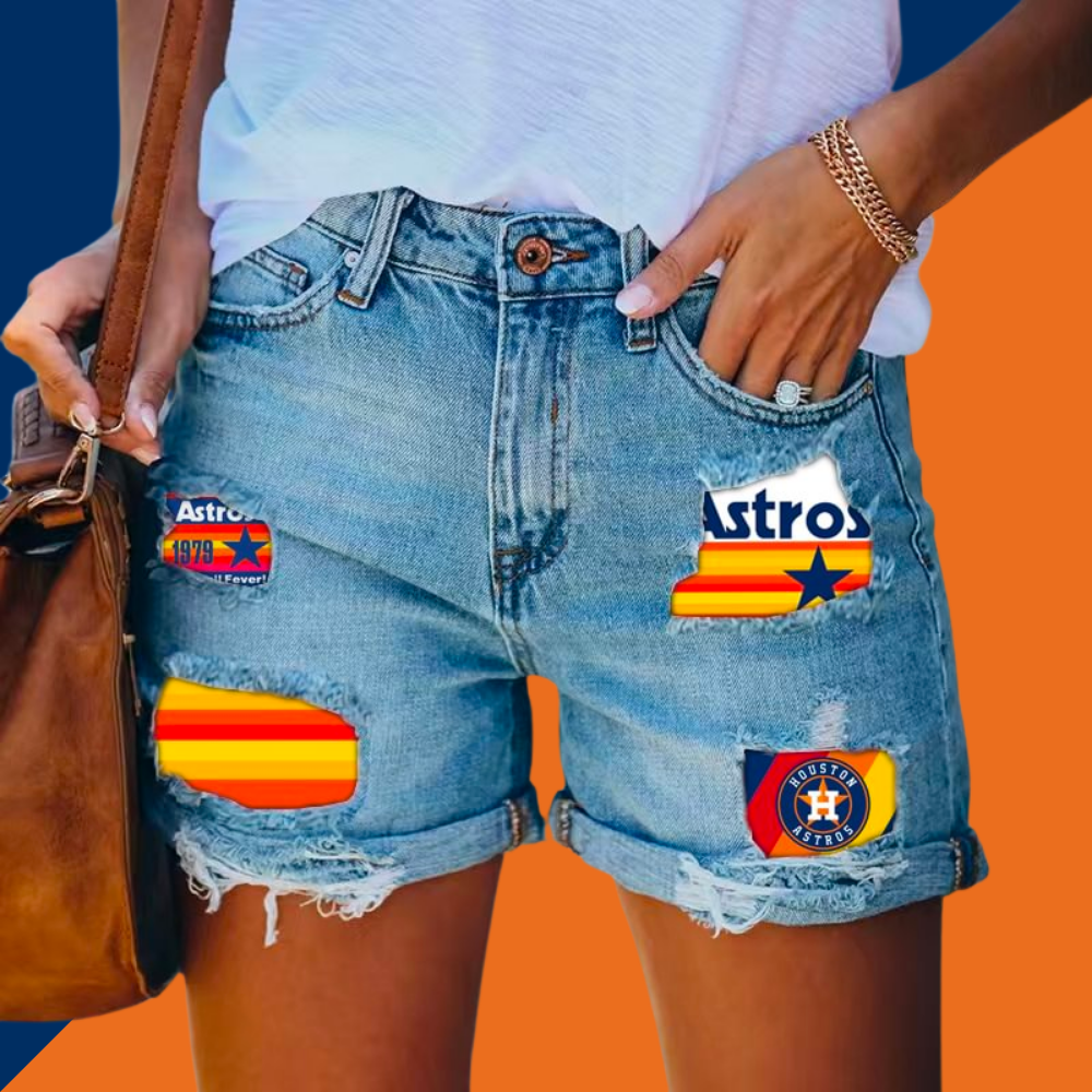Astros Distressed Cutoff Denim Shorts - Women - Baseswear