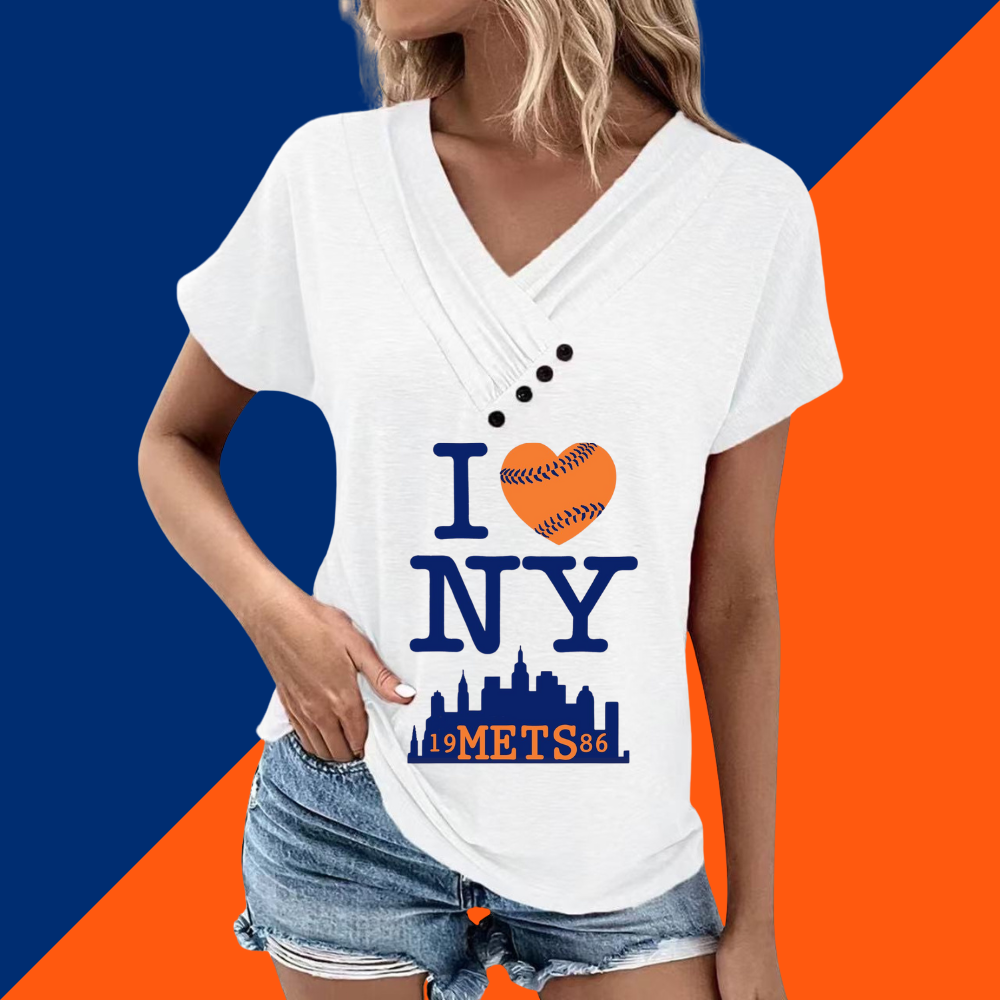 Simple V-Neck Short Sleeve T-Shirt-New York Mets - Baseswear
