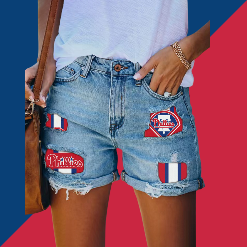 Phillies Distressed Cutoff Denim Shorts - Women - Baseswear