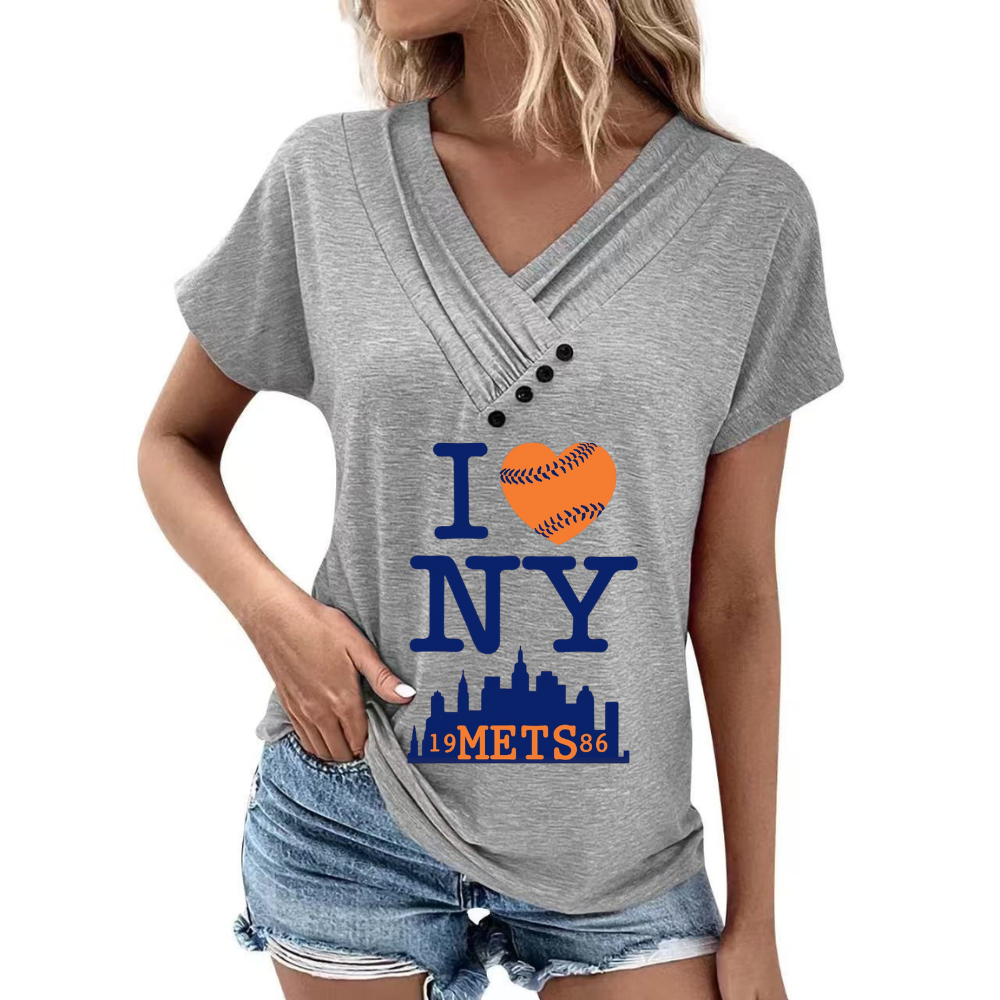 Simple V-Neck Short Sleeve T-Shirt-New York Mets - Baseswear