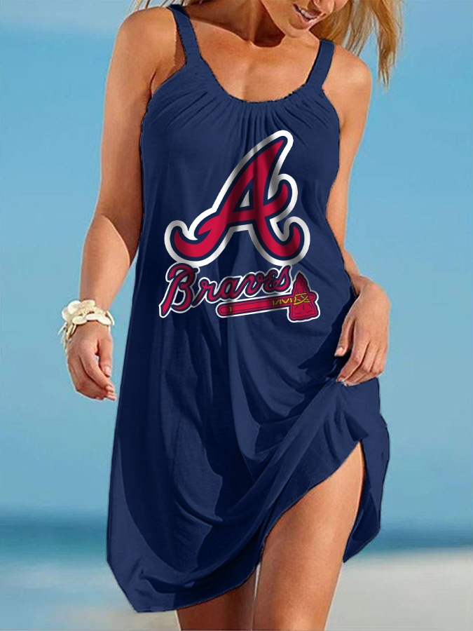 Atlanta Braves Round neck sleeveless printed dress - Baseswear