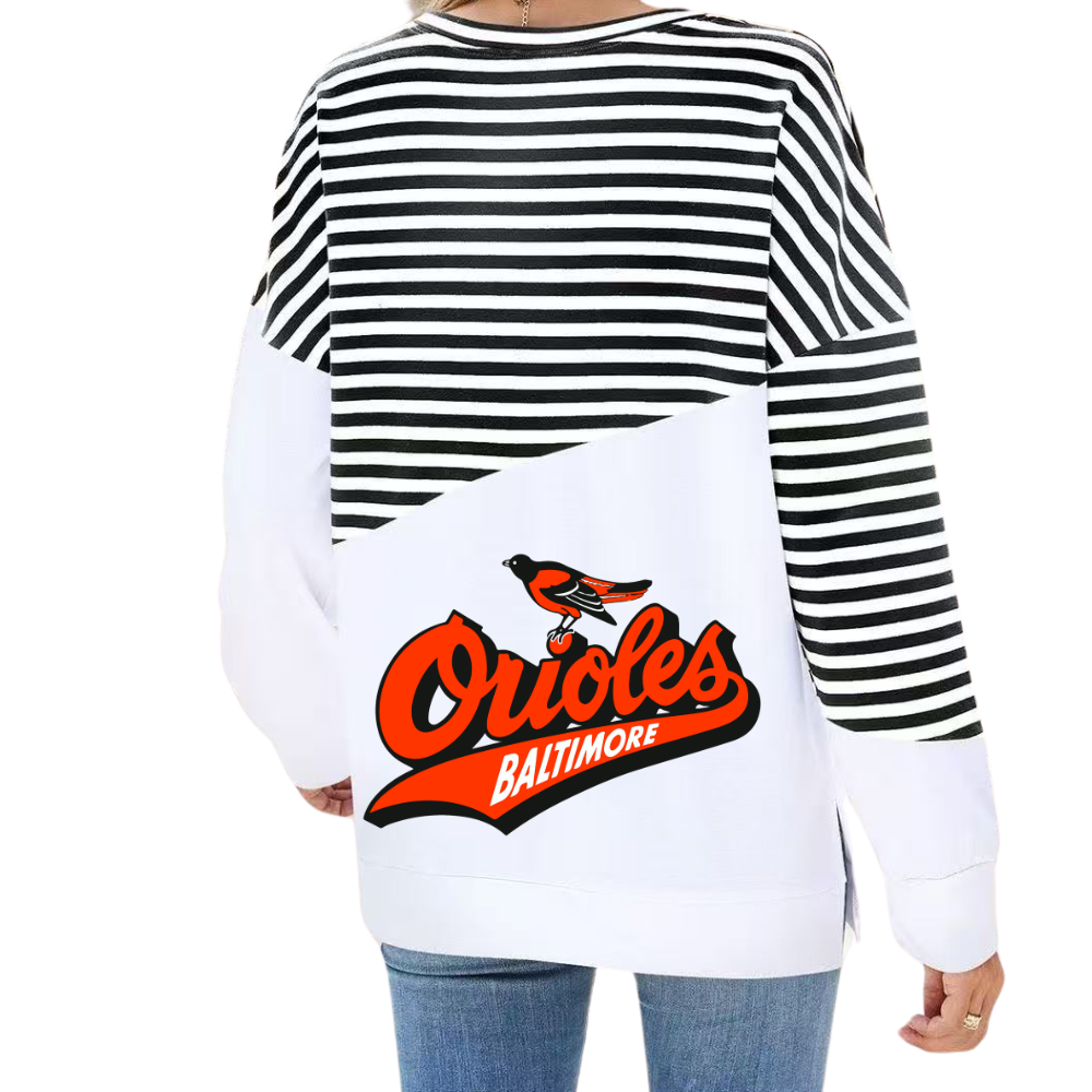 Slit Contrast Striped Long Sleeve Sweatshirt-Baltimore Orioles - Baseswear