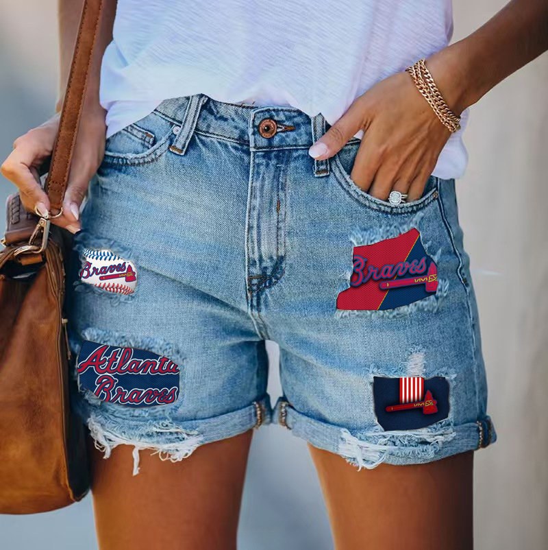 Braves Distressed Cutoff Denim Shorts - Women - Baseswear