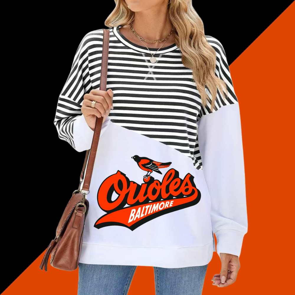 Slit Contrast Striped Long Sleeve Sweatshirt-Baltimore Orioles - Baseswear