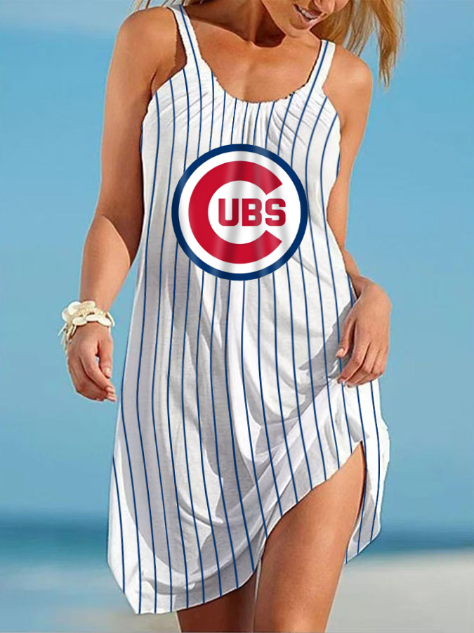Chicago Cubs Round neck sleeveless printed dress - Baseswear