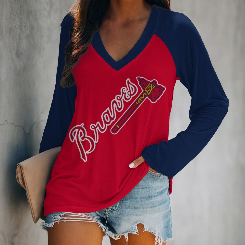 Women's V-neck Double-layered Long-sleeved Loose T-shirt - Baseswear