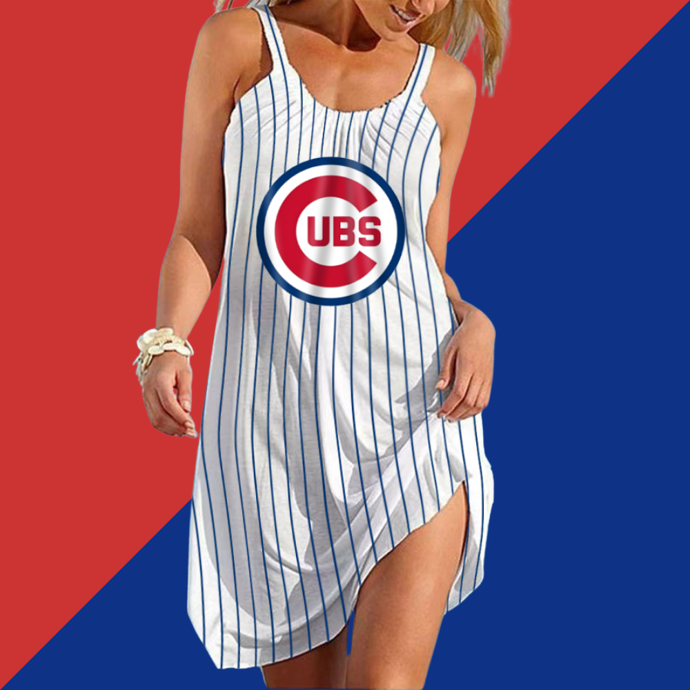 Chicago Cubs Round neck sleeveless printed dress - Baseswear