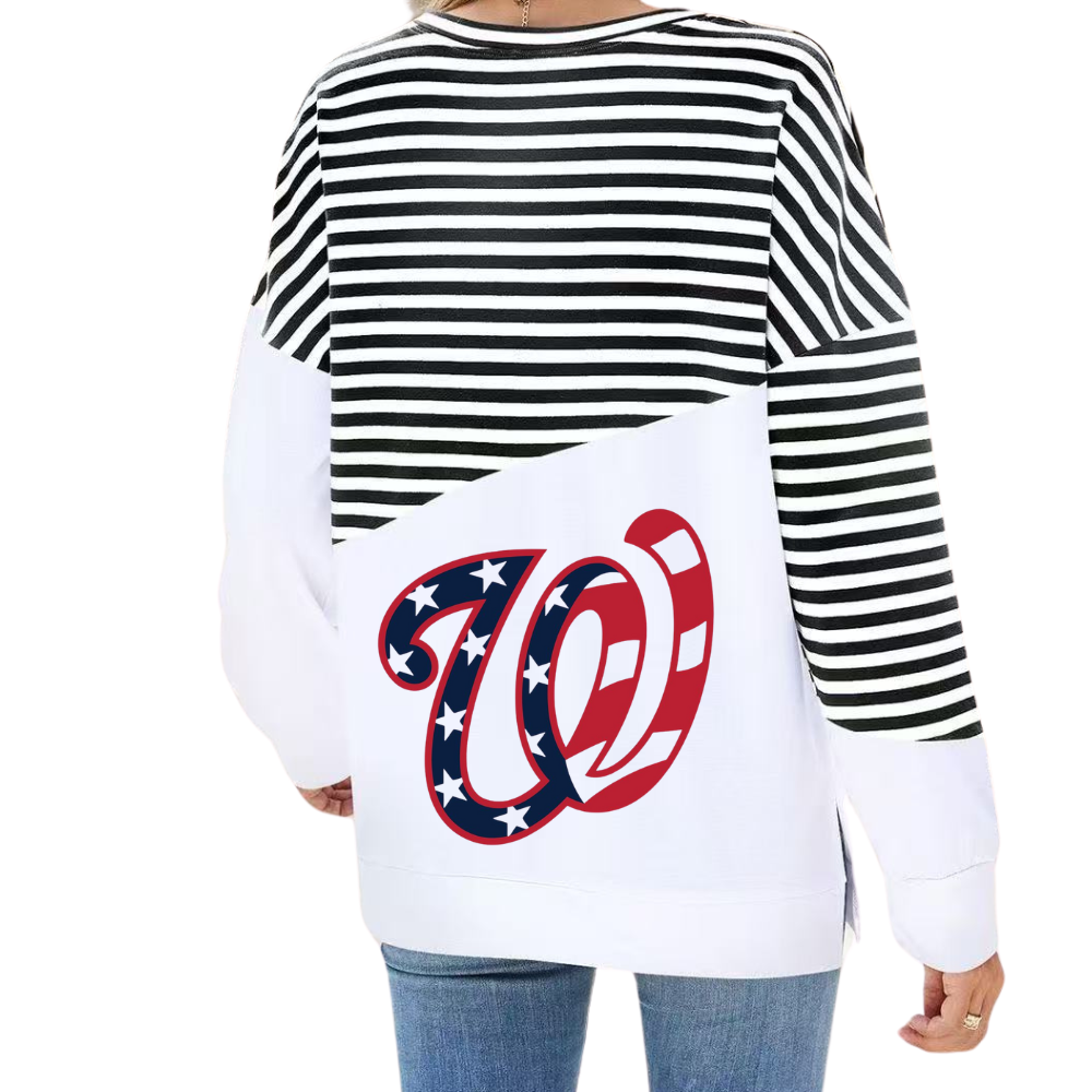 Slit Contrast Striped Long Sleeve Sweatshirt-Washington Nationals - Baseswear