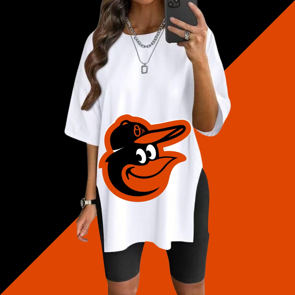 Stylish Printed Side-Slit Crew Neck T-Shirt-Baltimore Orioles - Baseswear
