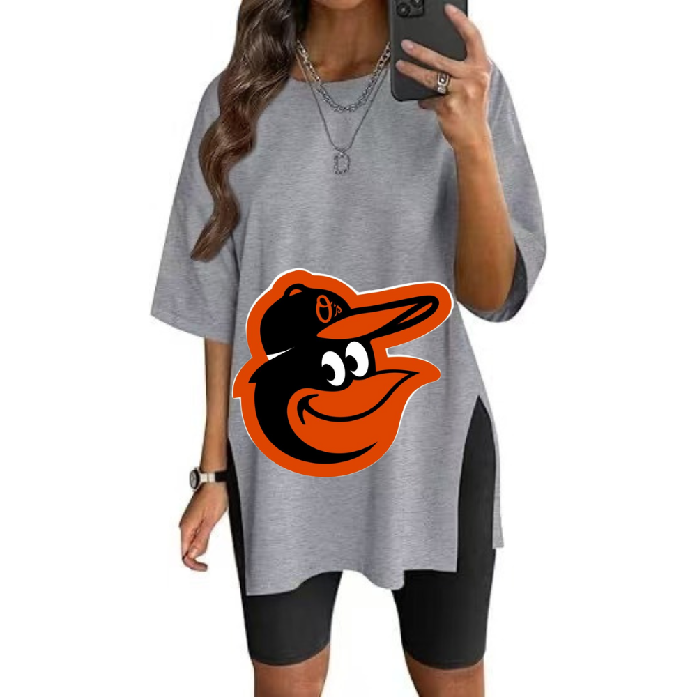 Stylish Printed Side-Slit Crew Neck T-Shirt-Baltimore Orioles - Baseswear