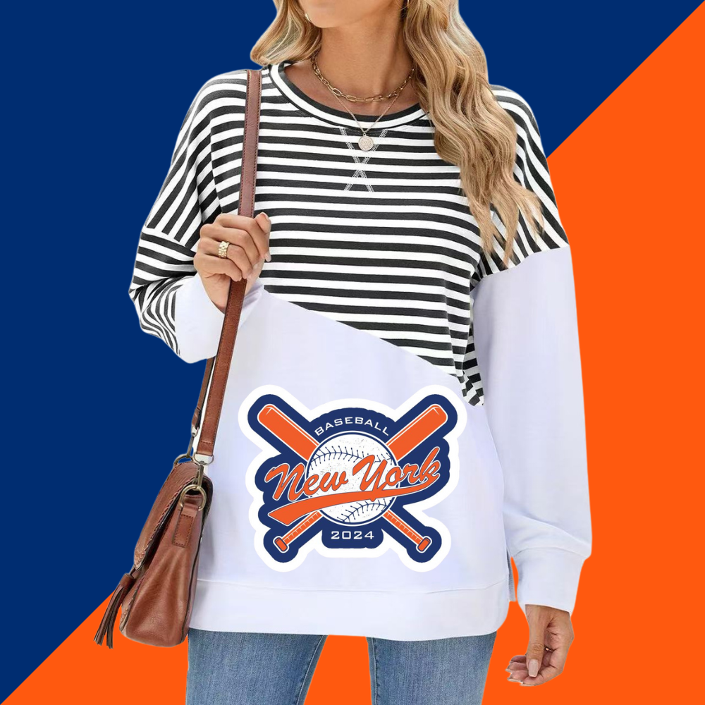 Slit Contrast Striped Long Sleeve Sweatshirt-New York Mets - Baseswear